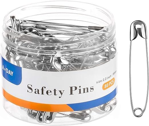 A+DAY Large Safety Pins Heavy Duty 2.2 Inch (56mm), Size 4, 80-Count, Nickel Finish | Amazon (US)