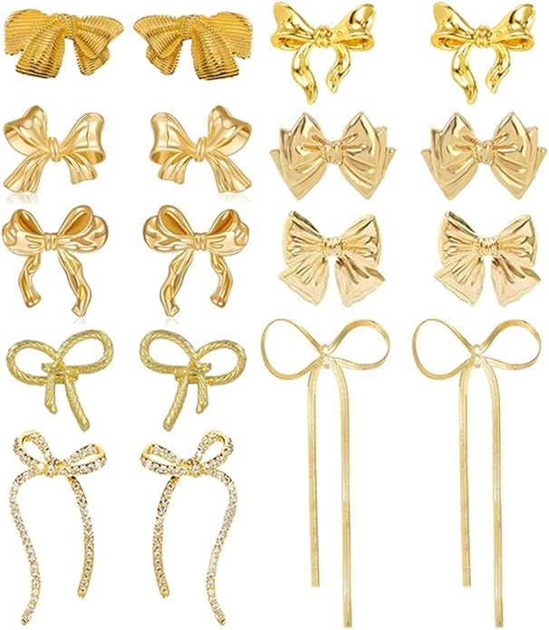 9 Pairs Gold Bow Earrings for Women Classic Ribbon Bow Stud Earrings Cute Statement Jewelry Set | Amazon (US)