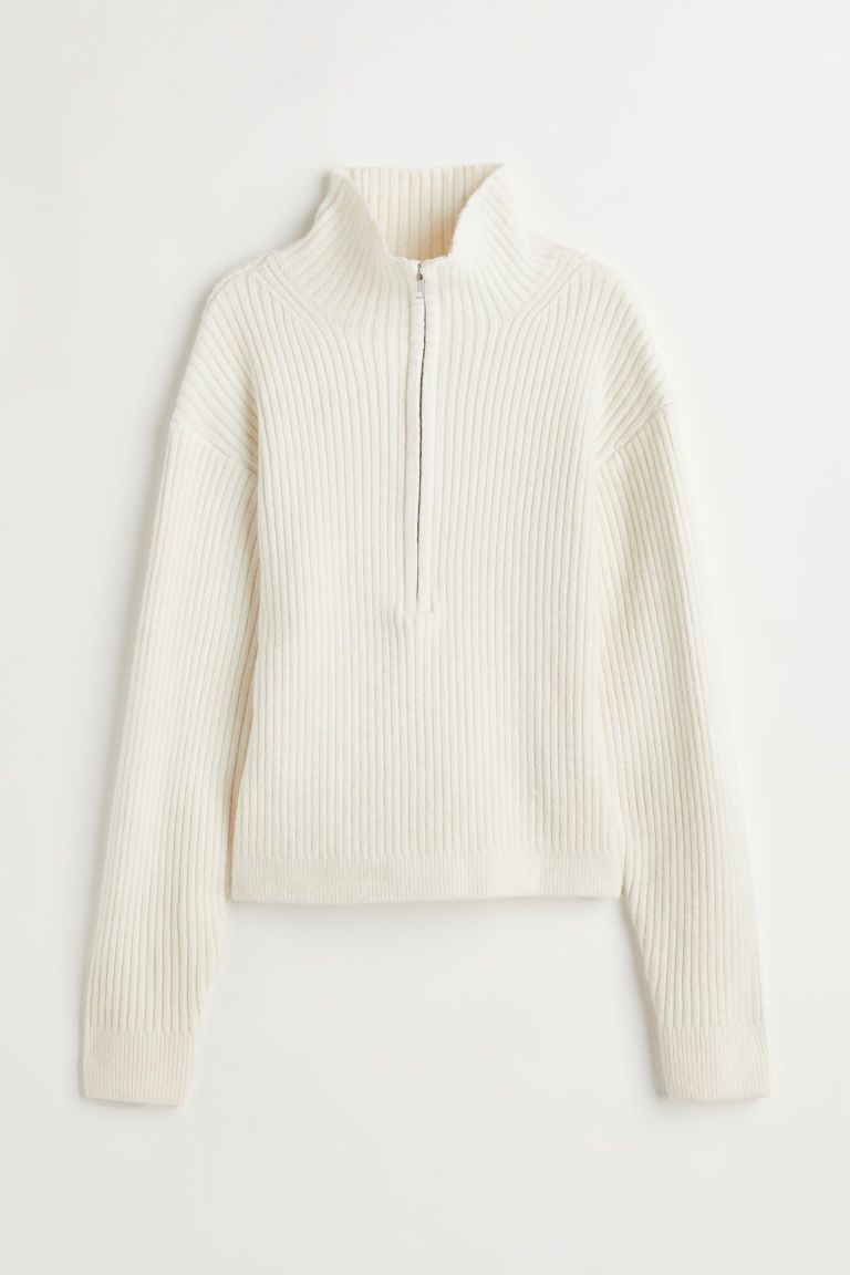 H & M - Ribbed Half-zip Mock Turtleneck Sweater - White | H&M (US + CA)