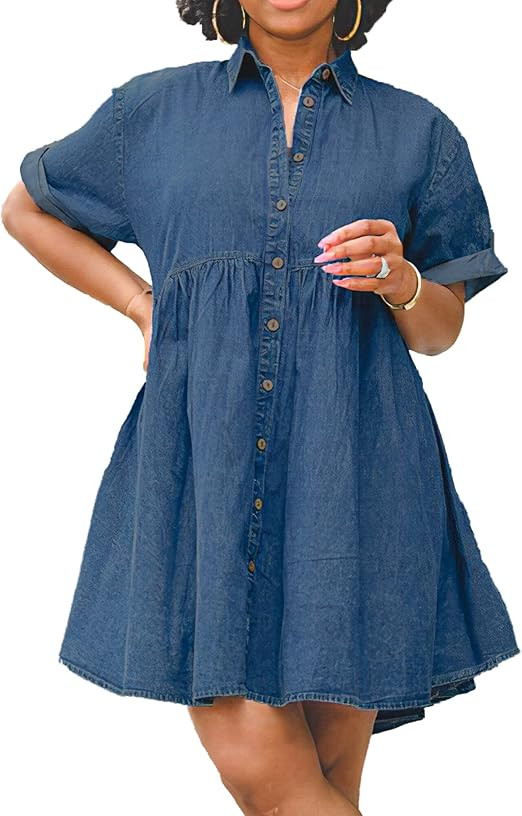 Womens Denim Babydoll Dresses Button Down Tiered Jean Dress | Amazon (US)