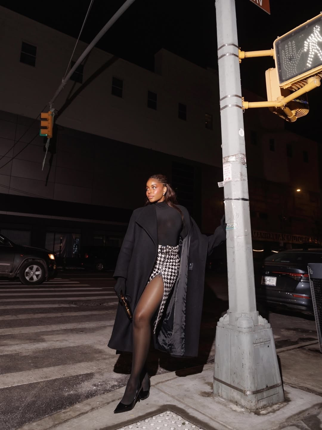 Winter to spring transition outfit for a night out. Wearing a black wool jacket, black turtleneck top, houndstooth pencil skirt, black sheer tights, black heels - linking similar pieces to this outfit below! … For more links to date night outfits, work outfits, vacation outfits beach, easter basket stuffers, spring outfits, resort wear 2026, business casual workwear, rodeo outfit inspo, winter denim, follow me on LTK! ✨

#LTKgrwm #LTKdayinmylife #LTKWorkwear