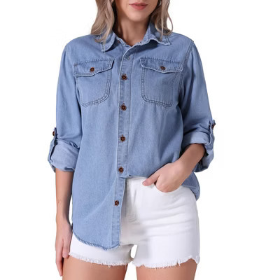INSPIRE CHIC Women's Long Sleeve Button Down Turndown Collar Jean Denim Jacket with Pocket Light Blue XX-Large | Target