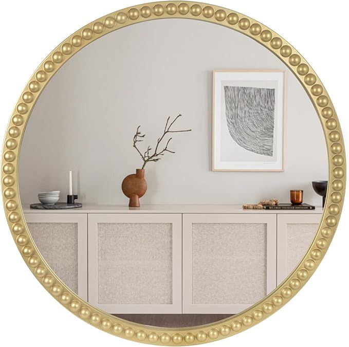 HOMECOOKIN Round Mirror Gold Beaded Framed for Wall Decor, 30 inch Round Wall Mirror for Entryway... | Amazon (US)