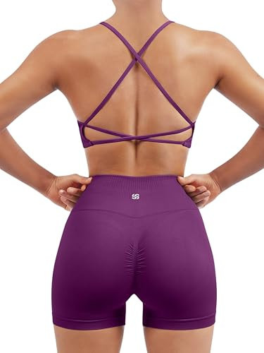 SUUKSESS Women Seamless 2 piece Workout Sets Strappy Padded Sports Bra Booty High Waisted Shorts Outfits (Deep Purple,M) | Amazon (US)