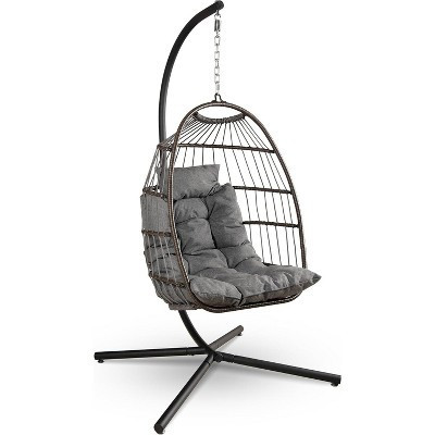 SereneLife SWC77DG.5 Hanging Egg Swing Chair with Stand—Rattan Wicker Egg-Shaped Swing, Waterproof Seat Cushion, and Headrest | Target