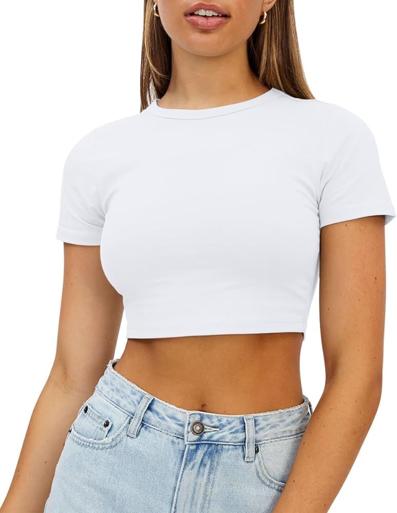 WYNNQUE Womens Crop Tops Cute Summer Scoop Neck Basic Tees Slim Fit Trendy Short Sleeve T Shirts ... | Amazon (US)