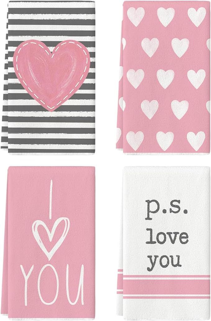 Artoid Mode Pink Heart Stripe I Love You Valentine's Day Kitchen Towels Dish Towels, 18x26 Inch A... | Amazon (US)