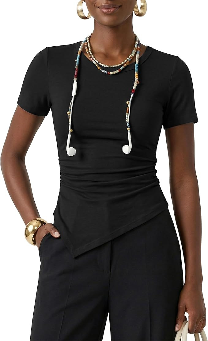 ZESICA Asymmetrical Ruched Tops for Women 2026 Summer Casual Short Sleeve Slim Fit Y2K Going Out ... | Amazon (US)