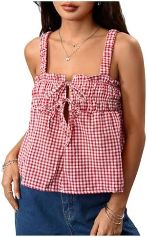 MakeMeChic Women's Plaid Gingham Bow Camisole Top Sleeveless Ruffle Smocked Going Out Crop Tops | Amazon (US)
