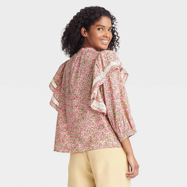 Women's Ruffle 3/4 Sleeve Lace Trim Blouse - Who What Wear™ Floral | Target