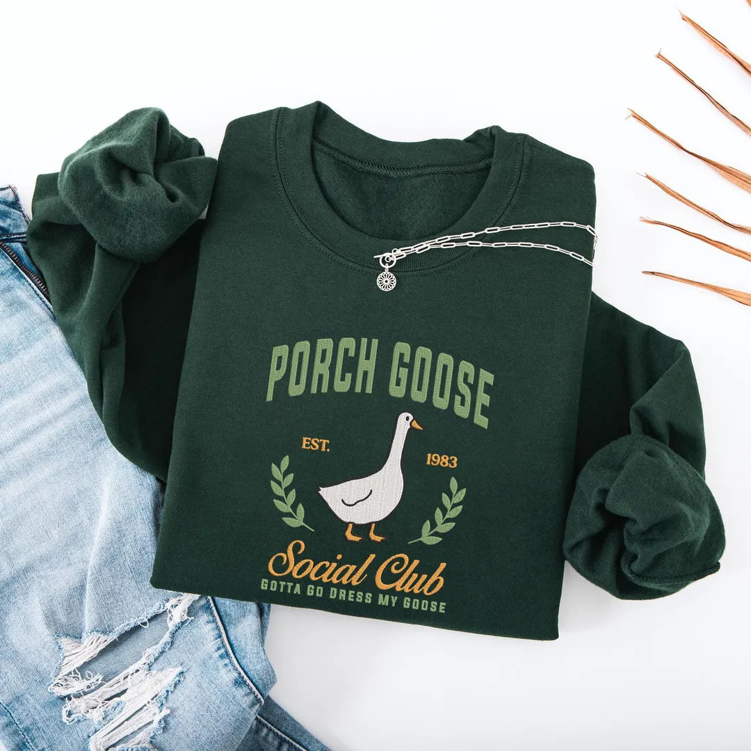 Funny Goose Embroidered Sweatshirt, Porch Goose Social Club Tee, Goose Lover Gift, Silly Goose Ho... | Etsy (US)