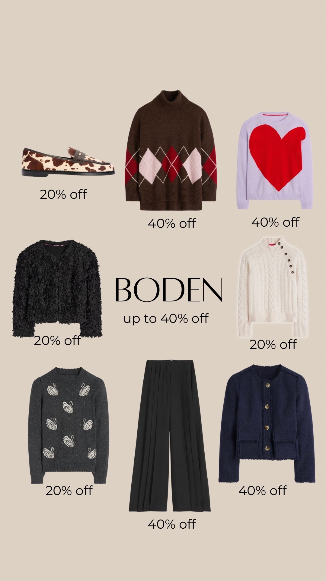 Up to 40% off at Boden. 

Cosy jumper, cosy sweater, argyle sweater, Christmas jumper, black party jacket, cow print loafers, elegant wide-leg trousers, black wide-leg pants, navy jacket, cashmere jumper. 

#LTKstyle

#LTKCyberWeek #LTKSaleAlert