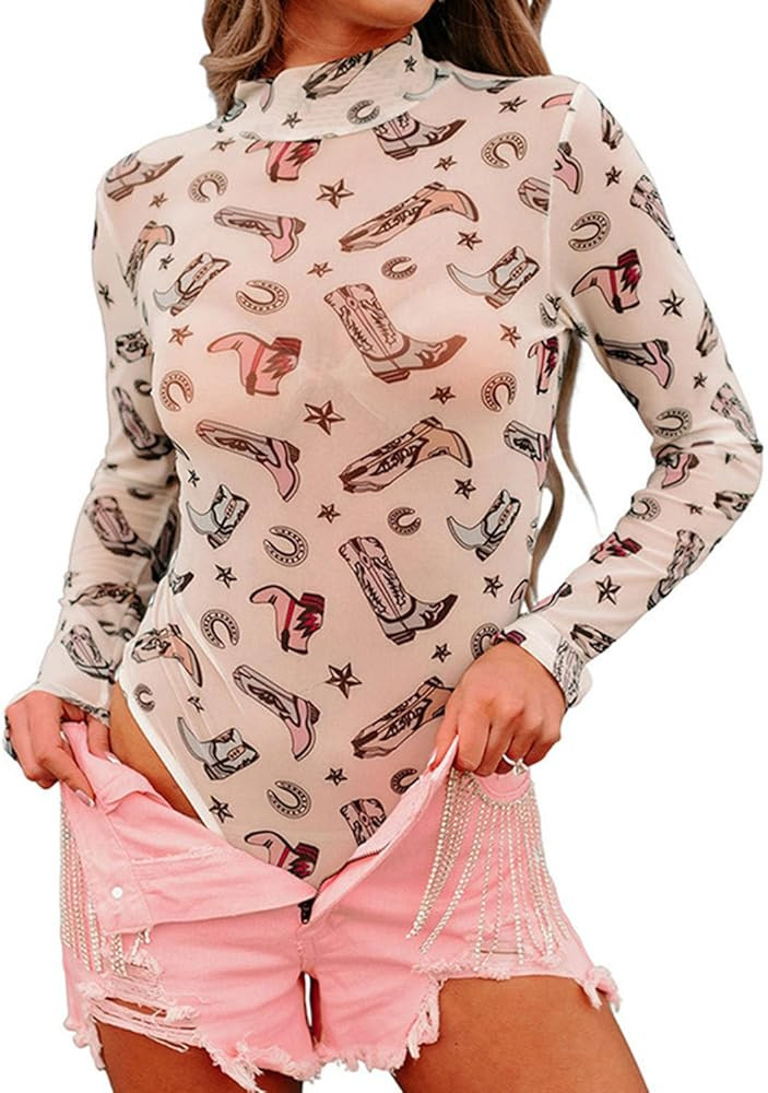 Women's Western Mesh Top Bodysuit See Through Cowboy Shirt Mock Neck Country Concert Sheer Long S... | Amazon (US)