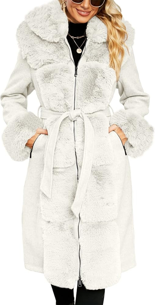 Bellivera Women's Wool Pea Coat Faux Fur Jacket Winter Warm Parka Overcoat with Belt | Amazon (US)