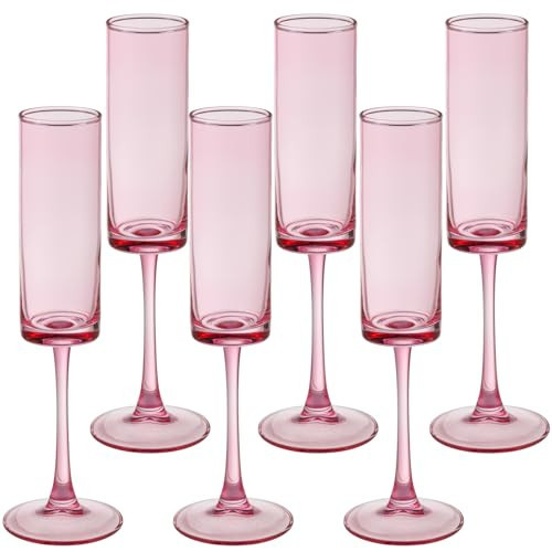 6 Pieces Pink Champagne Flutes 6 OZ Straight Sided Wine Glasses Champagne Long Stem Drinking Colored Glasses,Set of 6 Hand Blown Champagne Flutes Goblets for Wedding Cocktail Cups,Cava, Prosecco | Amazon (US)