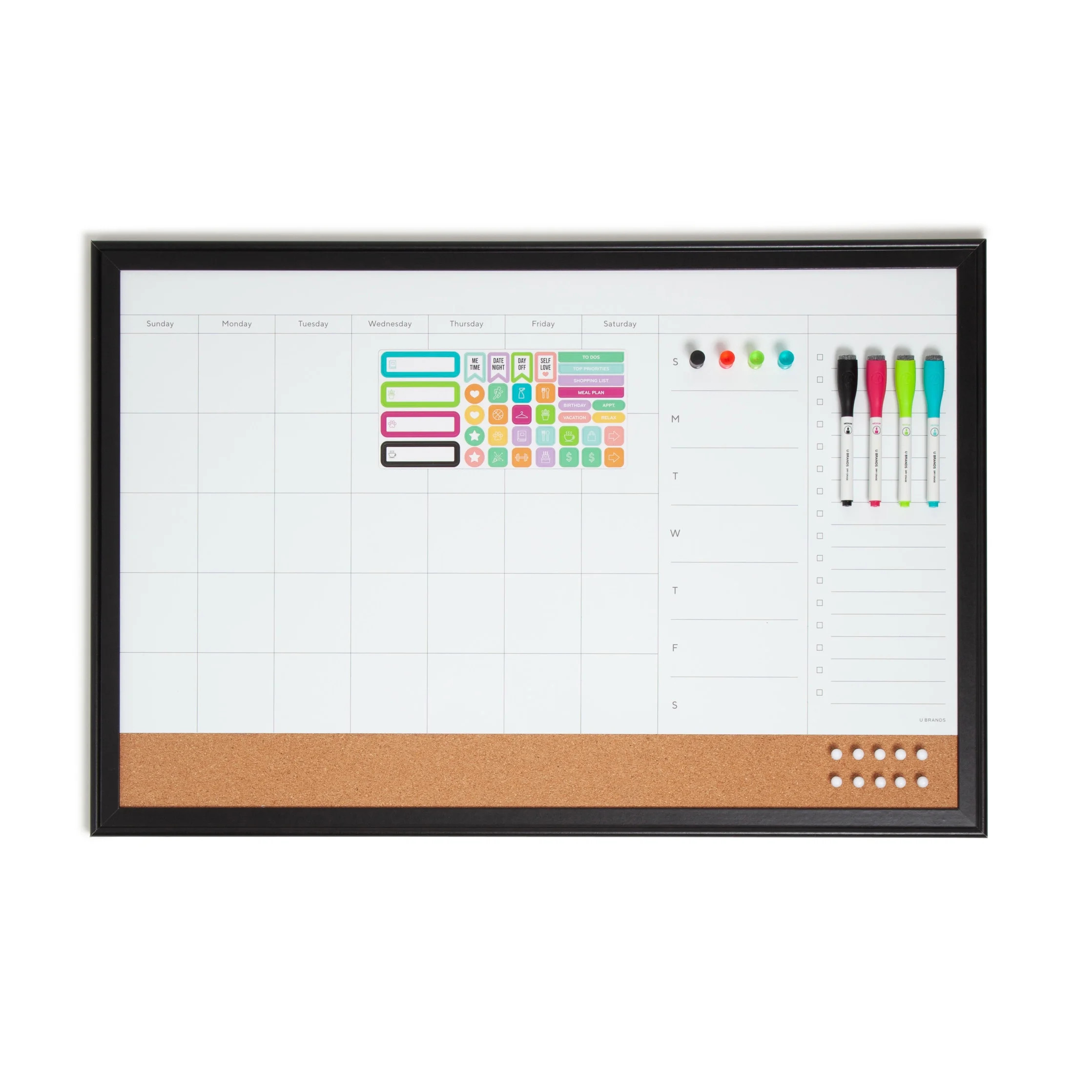 U Brands 30 x 20 in. Magnetic Dry Erase Calendar Planner Combo Board, Black Wood Style Frame | Walmart (US)