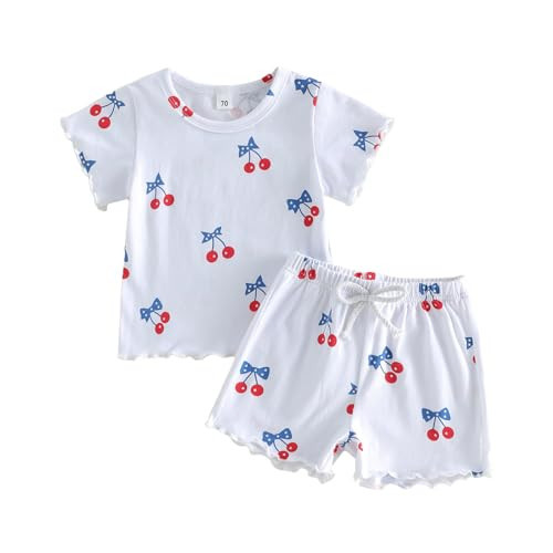 GINEVSAL 4th of July Baby Girl Boy Outfits Fouth of July Cherry Printed Short Sleeve Tshirt Tops with Shorts Set Clothes (White, 3-6 Months) | Amazon (US)
