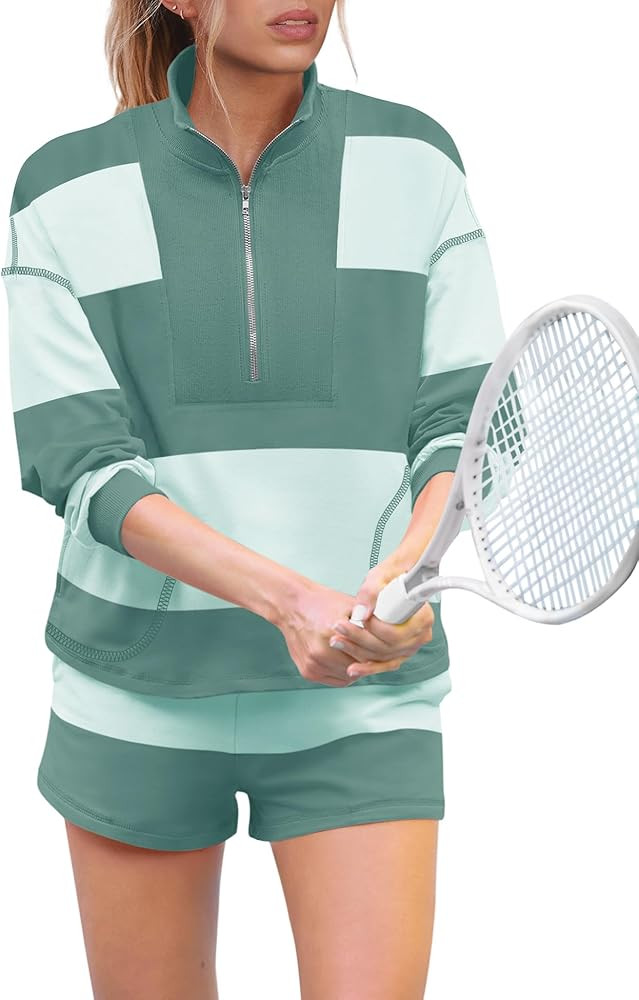 Panadila Womens Striped Workout Set Two Piece Outfits Oversized Lounge Set Long Sleeve Tops and S... | Amazon (US)