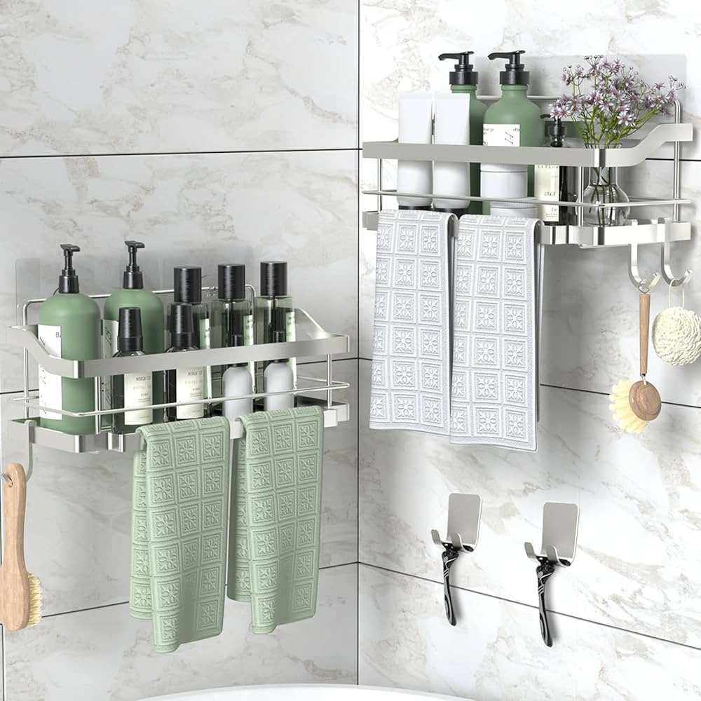 Sinminou Adhesive Shower Caddy With 5 Hooks & 2 Tower Hanger, Rustproof SUS304 Stainless Steel Sh... | Amazon (US)