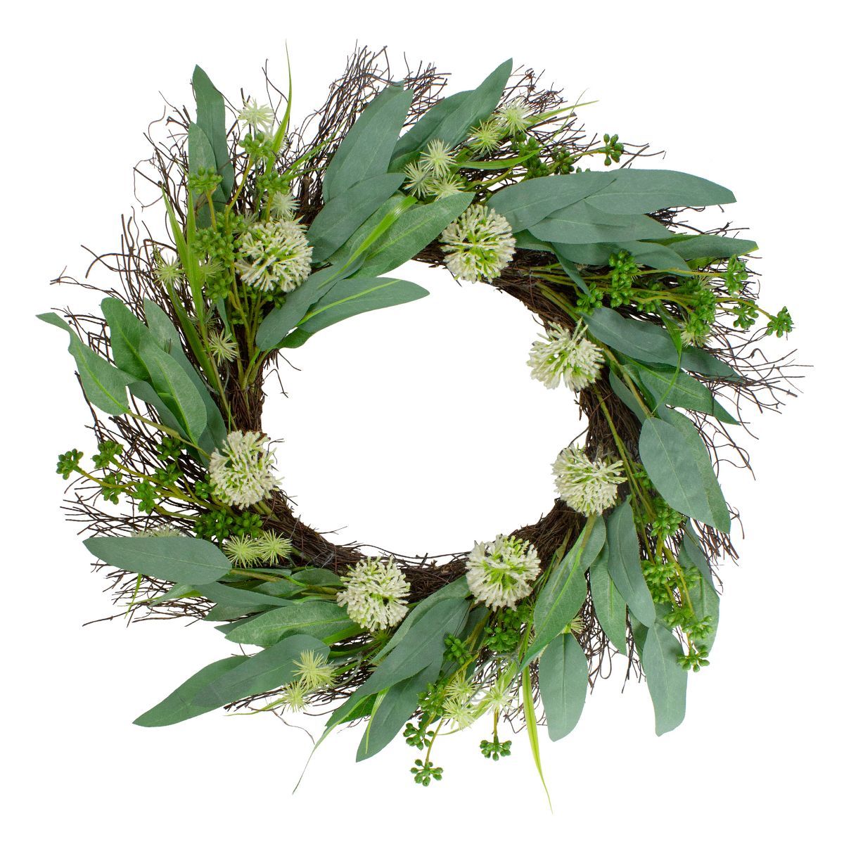 Northlight Olive Leaf and Floral Twig Spring Wreath, Green and White 23" | Target