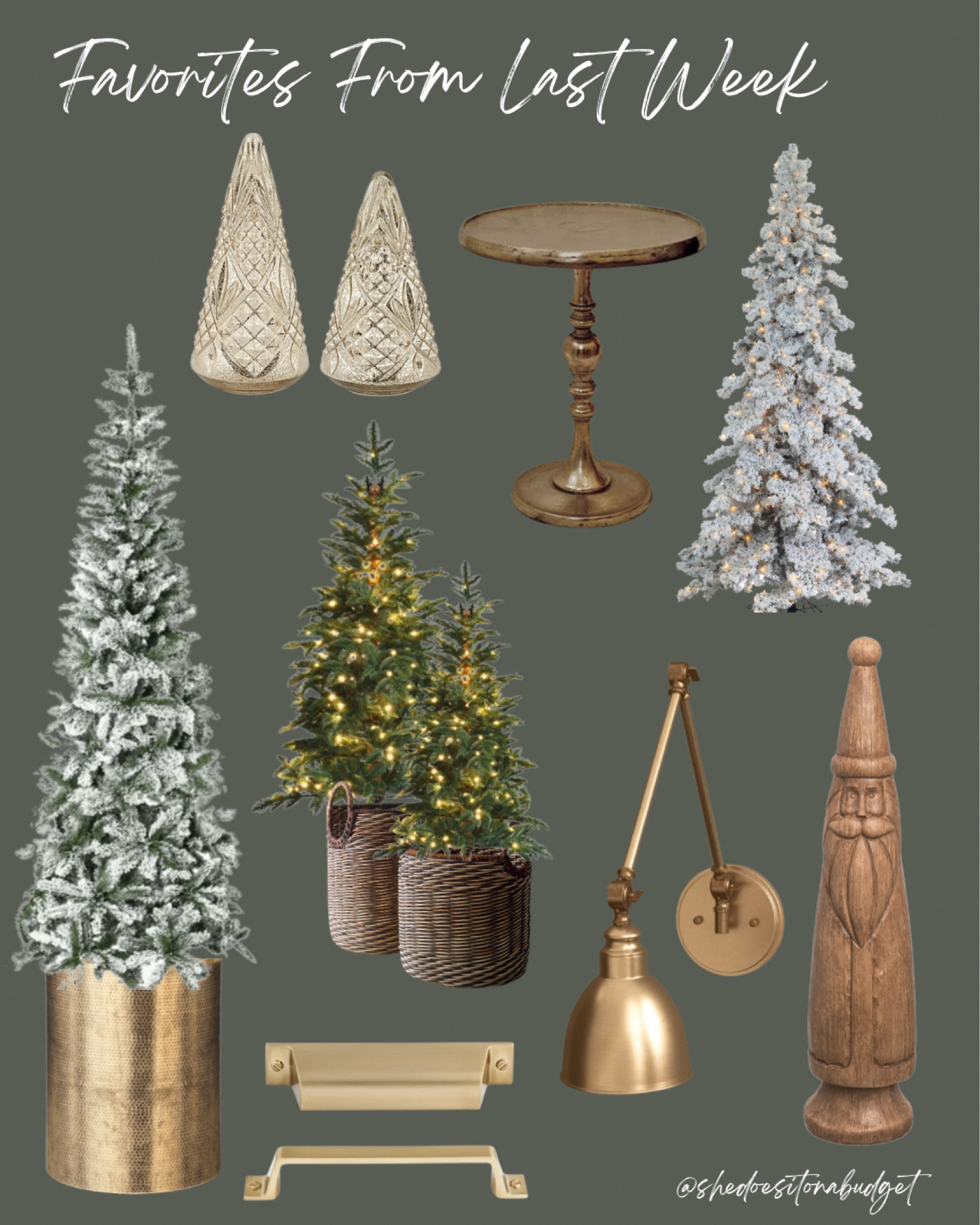 All the favorites from last week | Pottery Barn flocked downswept Christmas tree, wooden carved Santa, brass table, brass wall sconce, brass drawer hardware, brass pulls, mercury glass Christmas trees, basket Christmas trees 

#LTKHoliday #LTKSeasonal #LTKhome
