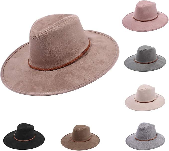 Aju Men & Women Vegan Suede Wide Brim Hat Fedora Panama Trilby Hat with Band | Amazon (US)