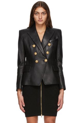 Black Leather Double-Breasted Jacket | SSENSE