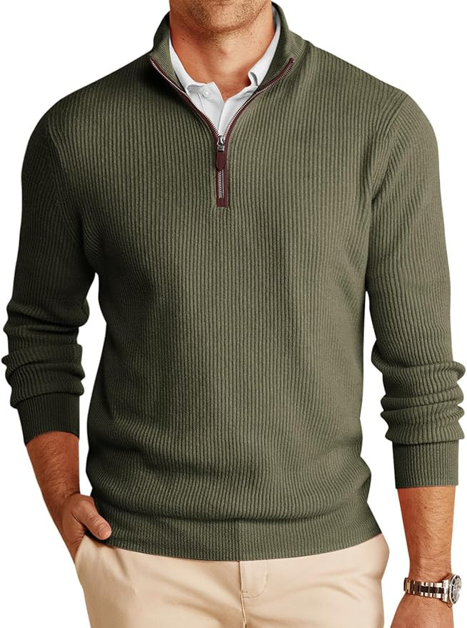 Runcati Mens Quarter-Zip Pullover Sweater Casual Mock Neck Winter Warm Ribbed Polo Sweaters | Amazon (US)