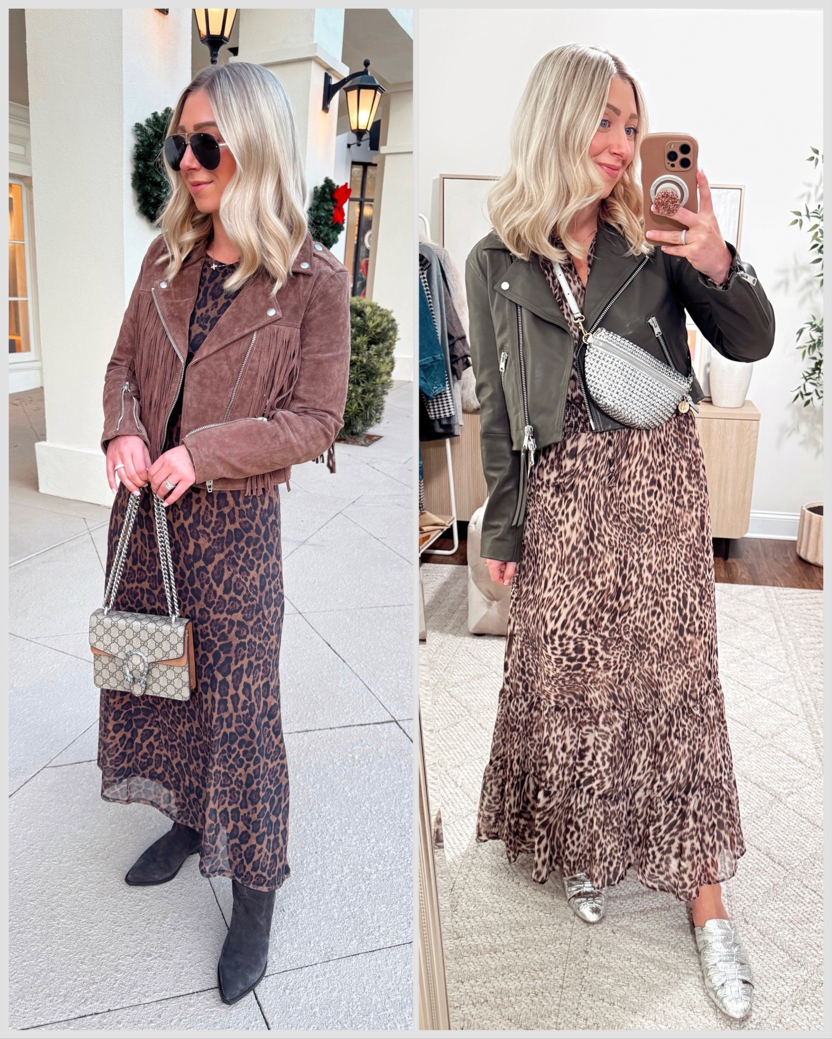 Left photo: jacket is available in non fringe version, similar dress linked!

Right photo: Leopard dress on sale! Wearing my true size small, linked my same jacket in black (green is from 2 years ago), bag is available in other colors, silver is sold out currently! 

Fall outfits, winter date night, winter outfits, maxi dresses, Clare v, leopard dresses 

#LTKHoliday #LTKFindsUnder50 #LTKGiftGuide