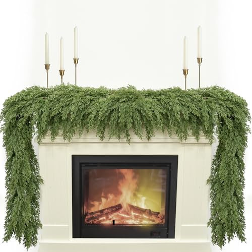 JDKPK 9FT Christmas Garland, Real Touch Cypress Pine Garlands, Green Artificial Cedar Garland Christmas Decorations for Home, Dining Table Mantel Porch Wall Stairs Winter Xmas Decor | Amazon (US)