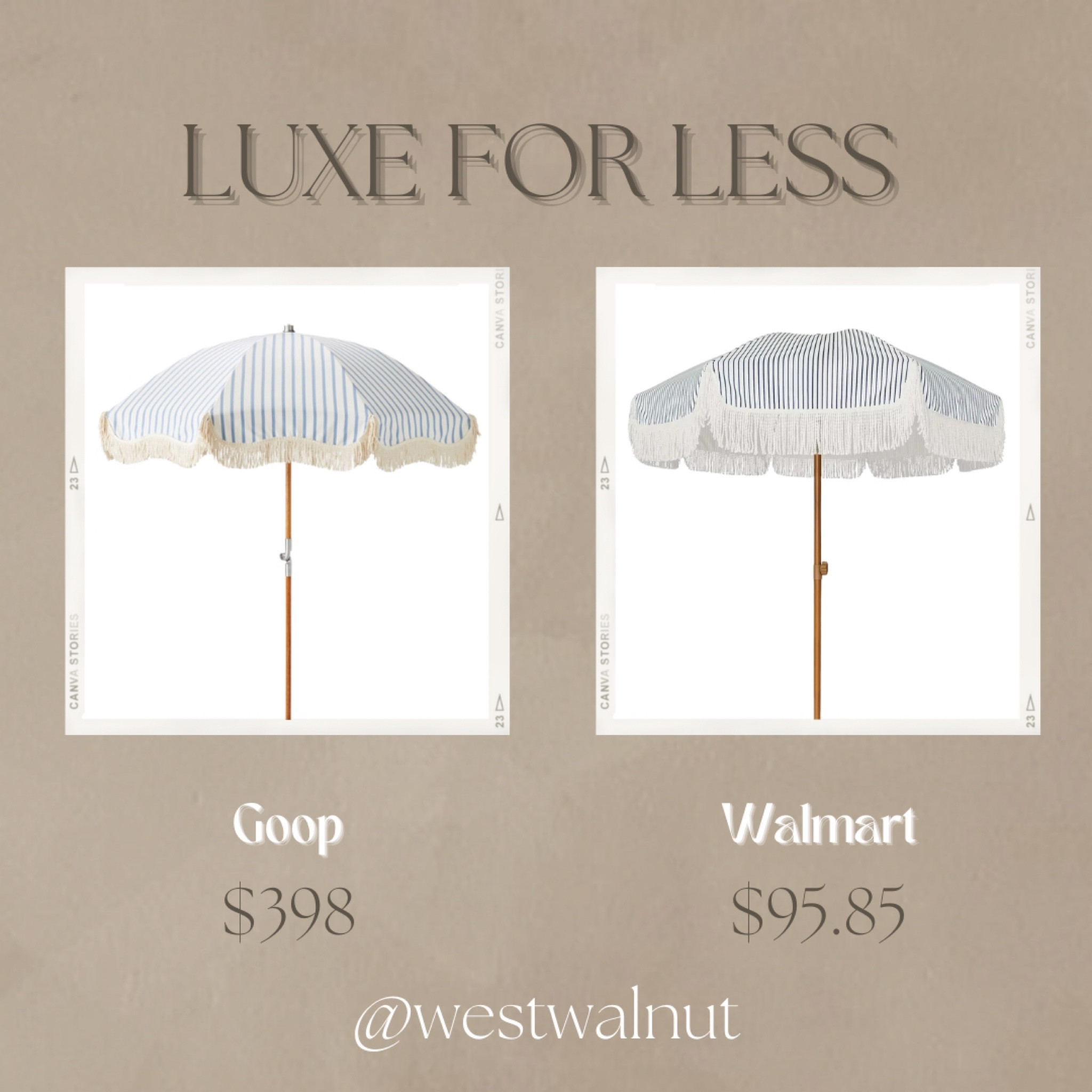 Modern Striped Outdoor Umbrella Luxe For Less

On the left is the Business & Pleasure Co Premium Beach Umbrella from Goop in Lauren’s Navy Strupe. This umbrella is constructed with reclaimed timber, with a marine-grade aluminum handle & hinge and a UV- and water-resistant canopy with fiberglass ribs..
Dimensions:  7'H x 6'W
Weight: 9lbs

On the right is the 7ft Patio Umbrella with Fringe Outdoor Tassel Umbrella UPF50+ from Walmart in the Navy Blue Stripes. It is made with a steel shaft, plastic handle and a heavy duty UV blocking UPF50+ fabric.
Dimensions: 7.2'H x 7'W
Weight: 11.9lbs

With the quality of the umbrella from Goop being arguably better, but it’s price being much greater, the Walmart umbrella is a great option to achieve the same aesthetic. Also, the Walmart umbrella offers one more foot ove coverage around. 

*prices reflect current price at the time of initially posting

#patiofurniture #modernumbrella #outdoordecor #outdoorfurniture #patiodecor #beach #modernaesthetic 

#LTKSeasonal #LTKfindsunder100 #LTKhome