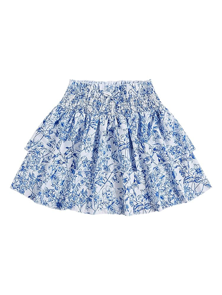 Girl's Tiered Layer Shirred Boho Smocked Skirts Casual Cute High Waisted Pleated Ruffle Flowy Ela... | Amazon (US)