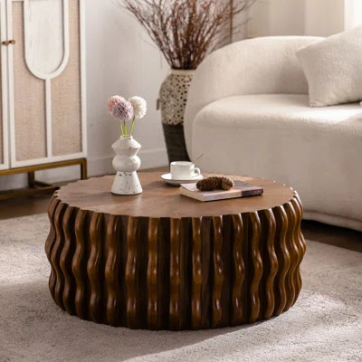 Fluted Drum Modern Mid Century Round Coffee Table, Solid Wood And Material, Pedestal Base, Suitable For Bedroom, Apartment, Living Room, , No Setup Ne | Wayfair North America