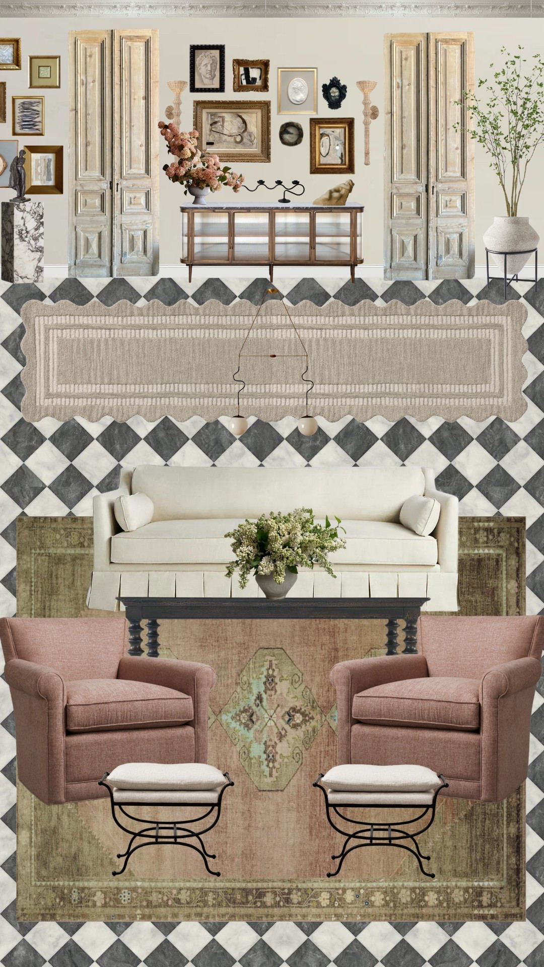 I’ve never been so in love with a living room 

Antique doors, glass sideboard, console table, coffee table, scalloped rug, Etsy art, vintage artwork, accent chairs, faux stems, vintage rug, pedestal, statue, bust, rattan candle holder, faux tree 

#LTKHome #LTKSaleAlert #LTKSeasonal