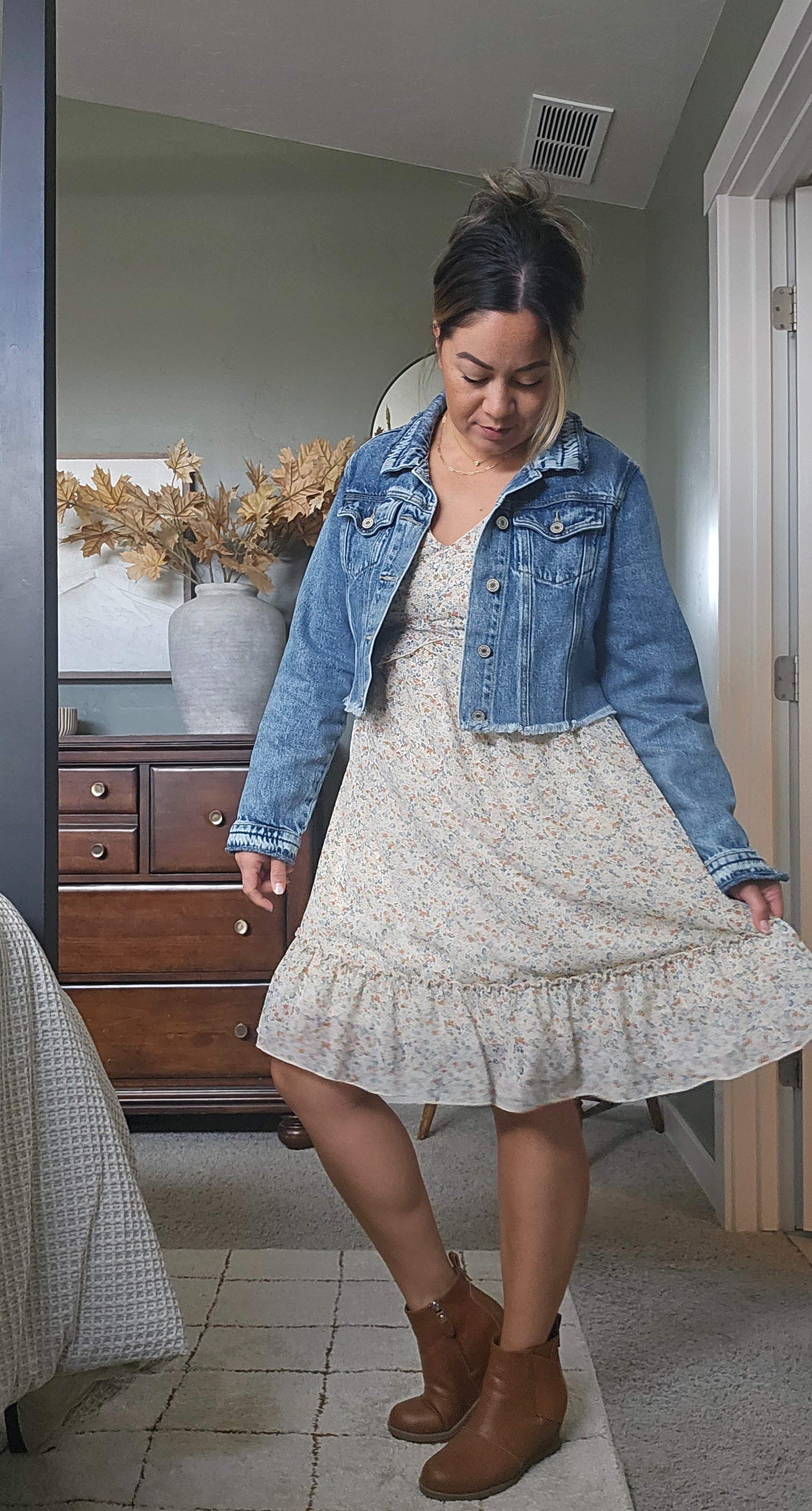 Fall floral outfit, cutest and most comfortable booties, crop denim jacket. Great for brunch, church, date night or girls night out. 

#LTKBeauty #LTKStyleTip #LTKFallSale