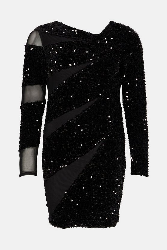 Sequin Mesh Detail Jersey Mini Dress | Karen Millen UK + IE + DE + NL