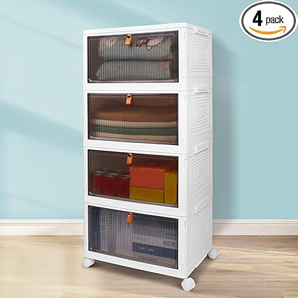 4 Tier Stackable Plastic Storage Bins with Lid and Wheels - 23QT Closet Organizers and Storage, F... | Amazon (US)