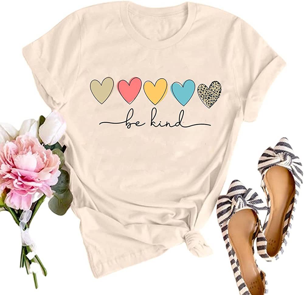 Be Kind Summer T Shirt Womens Cute Heart Graphic Tees Loose Teacher Short Sleeve Tshirt Boho Rain... | Amazon (US)