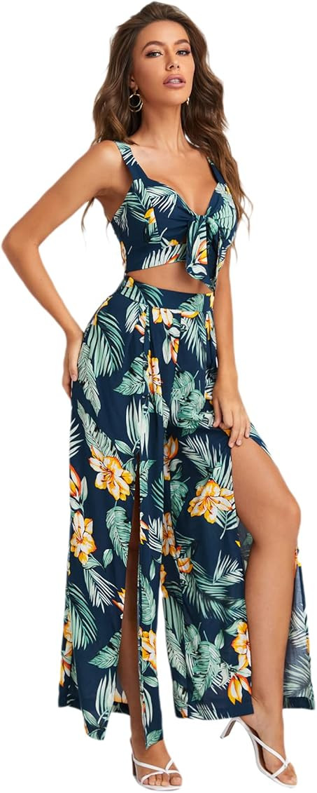 Floerns Women's Summer 2 Piece Outfits Sleeveless Tube Crop Cami Top and Pants Sets | Amazon (US)