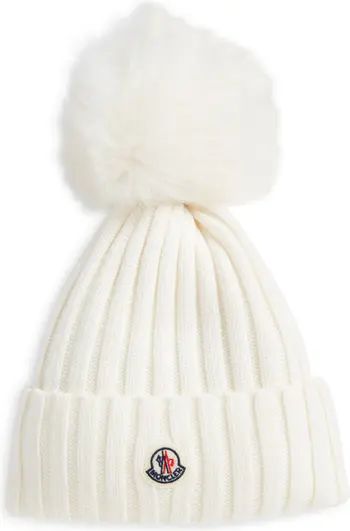 Virgin Wool Rib Beanie with Faux Fur Pompom | Nordstrom