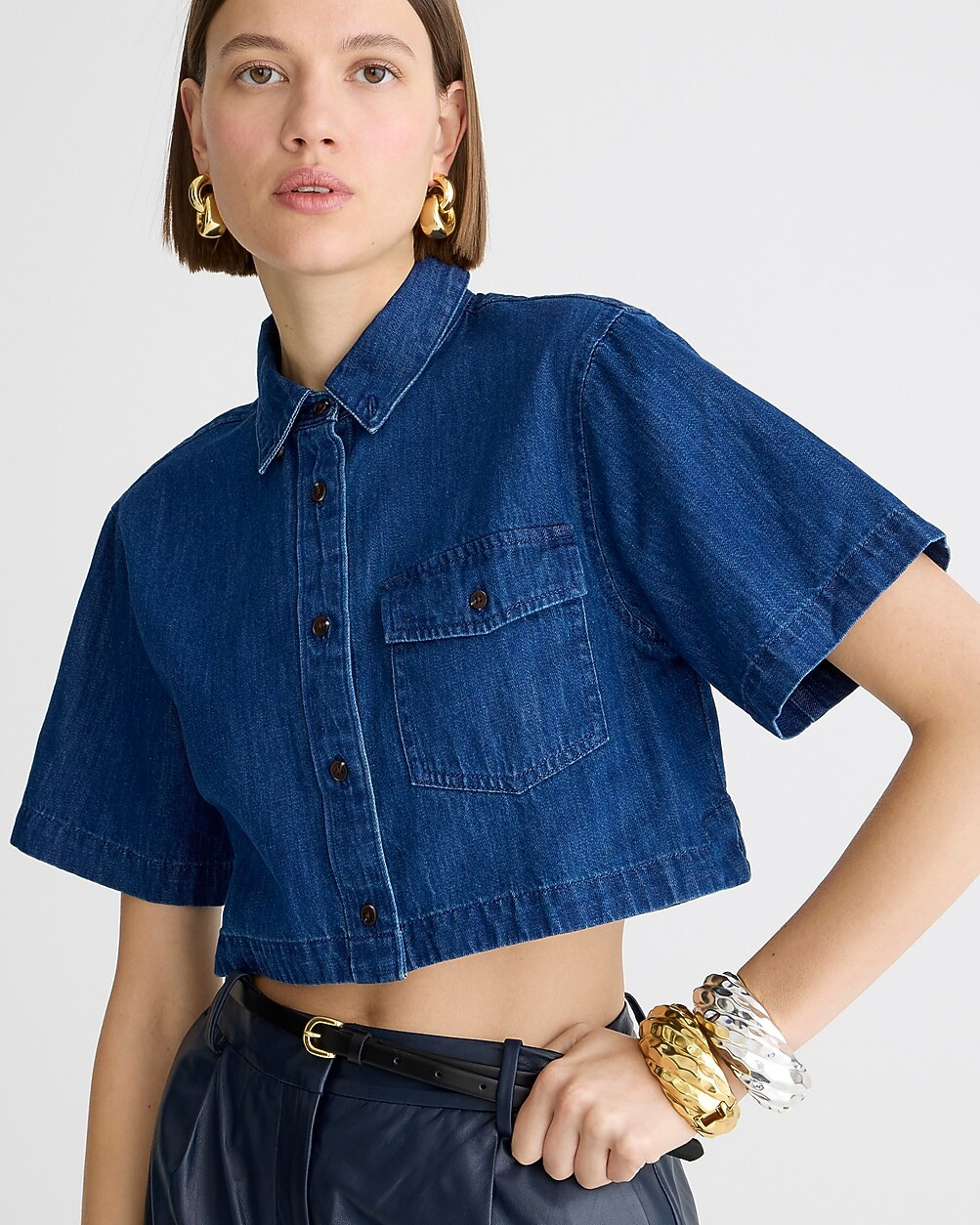 Cropped patch-pocket shirt in denim twill | J. Crew US