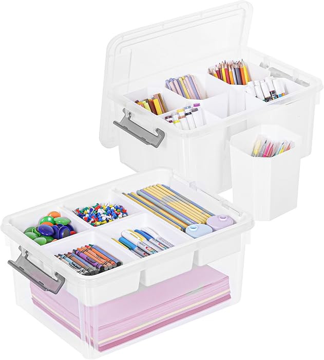Citylife 17 QT Plastic Storage Box with Removable Tray and 6 Detachable Tall Inserts Craft Organizers and Storage Clear Storage Container for Organizing Crayon, Craft, Sewing, Playdoh, 2 Packs | Amazon (US)