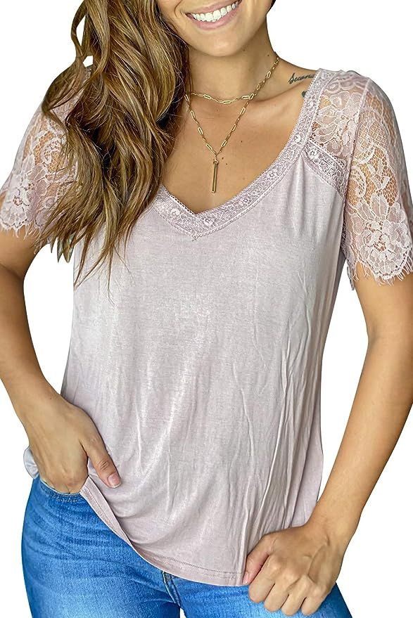 LEANI Women's V Neck Lace Tops Short Sleeve T-Shirt Tee Summer Casual Stripe Blouses | Amazon (US)