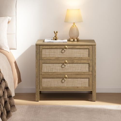 SICOTAS Night Stand with Drawers, Large Rattan Bedside Table with Golden Handle, 3 Drawers Nightstand Tall End Table Side Table Boho Nightstand for Bedroom | Amazon (US)