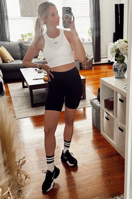 Biker shorts seasons is here.
Wearing everything in size small 

Biker shorts outfit • alo yoga outfit • Amazon biker shorts • workout outfit • athleisure look • black and white look • black and white Nike 

#LTKStyleTip #LTKActive #LTKFindsUnder50