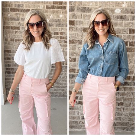 Target cargo pants (come different colors) wearing size small // size down // 
Both tops are size small // love the eyelet detailing of white top!

#LTKworkwear #LTKstyletip #LTKover40