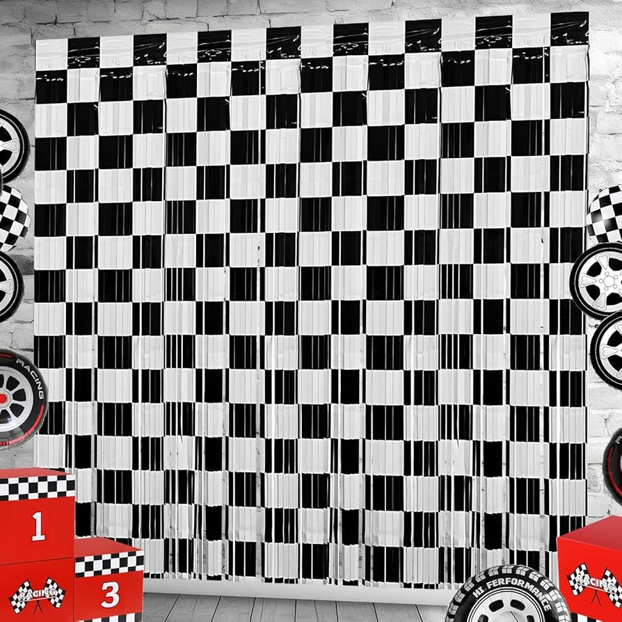 Race Car Foil Fringe Curtains Backdrop Birthday Party Decorations, 2 Pack 3.28 x 6.56 Ft Black Wh... | Amazon (US)