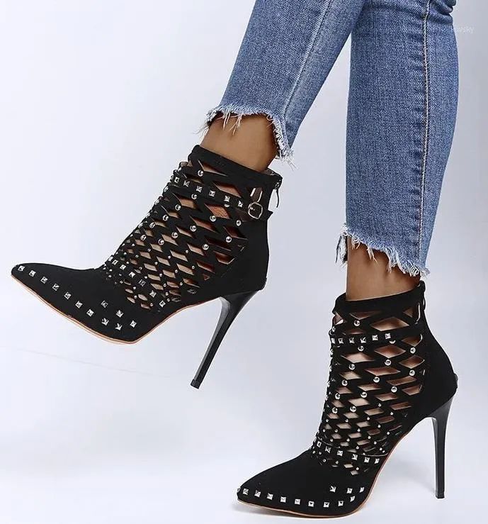 2021 Gladiator Sandals Summer Spring Pointed Toe Rivets Studded Cut Out Caged Ankle Boots Stilett... | DHGate