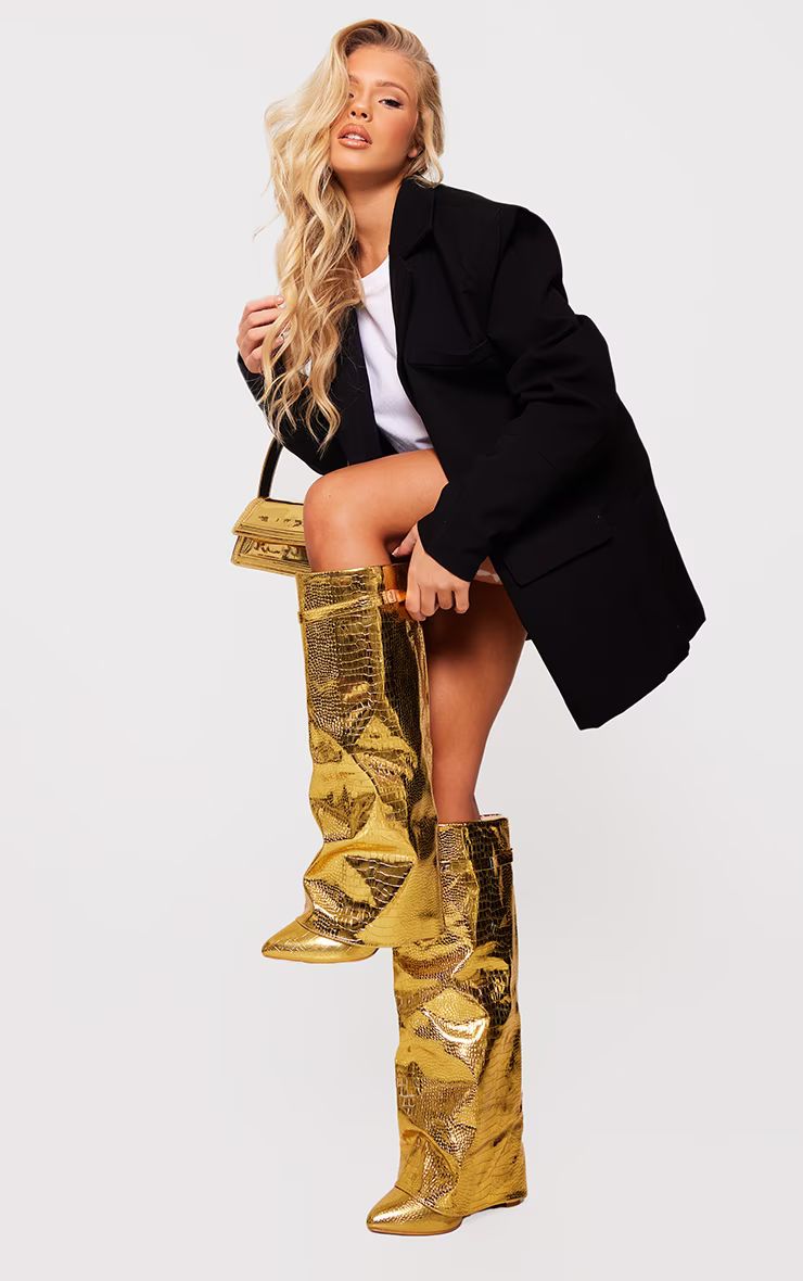 Gold Metallic Pu Fold Over Knee Block Heeled Boots | PrettyLittleThing US