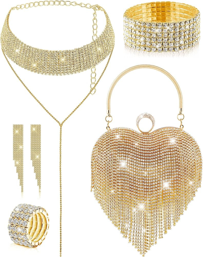 5 Pcs Valentine's Day Rhinestone Clutch Purses Jewelry Set for Women Heart Shape Tassel Evening C... | Amazon (US)